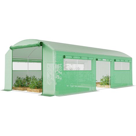 Serre tunnel 6x3x2m avec 3 portes sectionnelles, 6 fenêtres grillagées, structure en acier galvanisé vert - Serre de jardin robuste pour plantes (1/5)