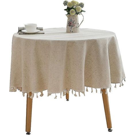 Nappe ronde unie à pompons en coton et lin, idéale pour la cuisine, la salle à manger ou un style champêtre. (1/5)
