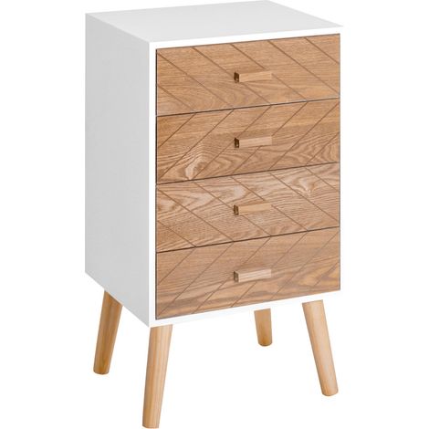 Commode à 4 tiroirs, table de chevet avec pieds surélevés pour chambre ou salon, 40 x 30 x 75 cm, blanc et naturel