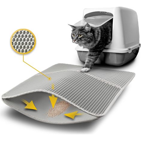 lionto Tappetino per lettiera per gatti con rivestimento antiscivolo, 76x61x1,3 cm, impermeabile e facile da pulire, assorbimento efficace della lettiera per gatti con design a nido d'ape, grigio
