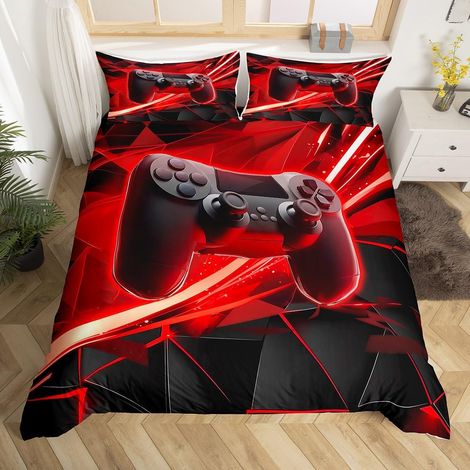 Housse de Couette de Jeu pour garçons et Filles,Housse Couette pour Joueur de Joueur pour Taille 240 x 260,Jeux avec Ensemble à géométrique,Ensemble décoratif 3 Pièces pour Chambre d'homme,Rouge Noir (1/5)