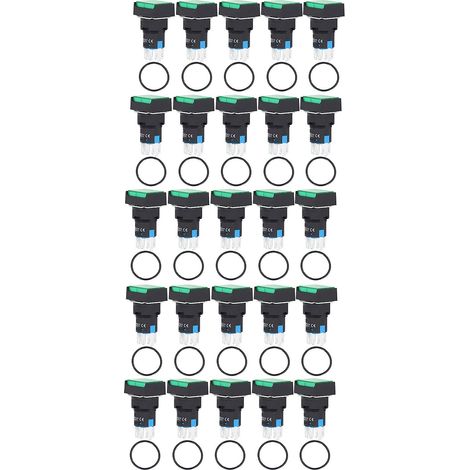 Interrupteurs à bouton carré autobloquants, avec lumière, 25 pièces par paquet, en ABS et laiton, adaptés aux boîtes de distribution, 16 mm, 24 V, verts. (1/5)