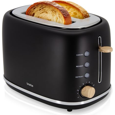 Briebe TA1166BLK Nordic Tostadora Pan Ranura Ancha, Tostador 2 Rebanadas, 6 Niveles Tostado, Calientapanecillos 870W Negro