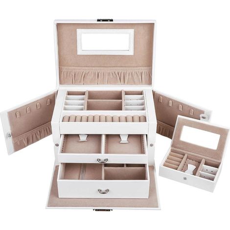 Joyero estuche para joyas con 2 cajones cofre para joyas con cerradura con espejo caja de viaje portátil forro de terciopelo buena idea de regalo blanco 120002141 (1/3)