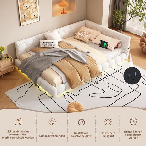 Sofá cama de MDF y tejido aterciopelado blanco 140x200 cm con somier de láminas, LED 16 colores, USB y Tipo-C