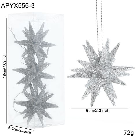 Décoration de Noël étoile éclatante/lot de 3/argent/glitter/cordon de suspension (1/2)