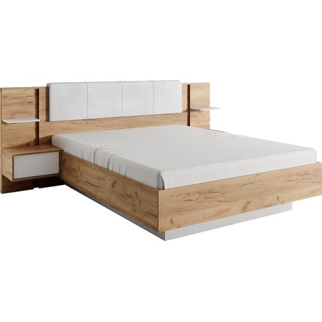 Vente-Unique – Lit avec chevets 160 x 200 cm – 2 tiroirs de rangement – Avec LEDs blanches – Coloris naturel et blanc – Éco-responsable