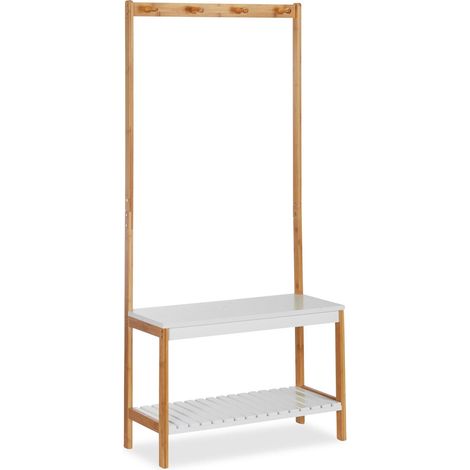 Perchero estante con zapatero con 4 ganchos 150 cm madera natural y blanco 130002296