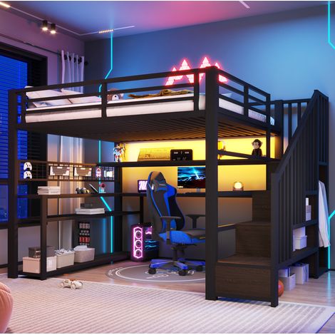 Cama alta 140x200 de metal con LED, escritorio, armario y almacenaje integrado, negro (1/5)