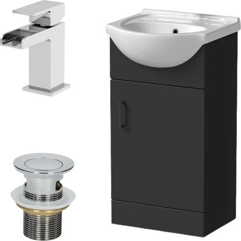 450mm Matt Black Bathroom Vanity Unit Freestanding Chrome Waterfall Tap & Waste (1/5)