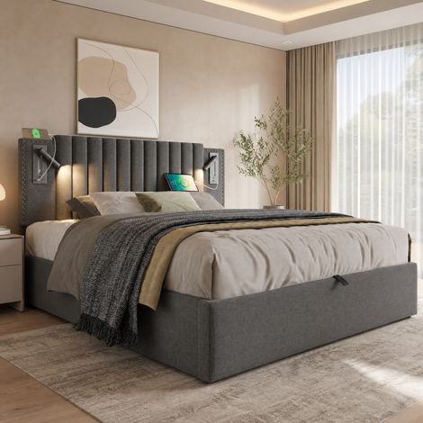 Polsterbett 180x200,Doppelbett Stauraum Bettkasten ,Leselicht mit USB Ladefunktion Kopfteil,Rückenlehne mit Nietendesign, Lattenrost und Bettkasten, Baumwolle, Grau (Ohne Matratze) (1/5)