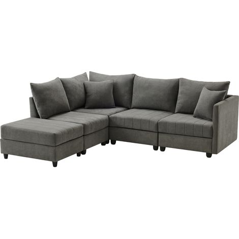 Canapé Modulaire 5 places Tissu Cotton Linen Gris 220 cm x 194 cm x 85 cm ZIPSOFA (1/5)