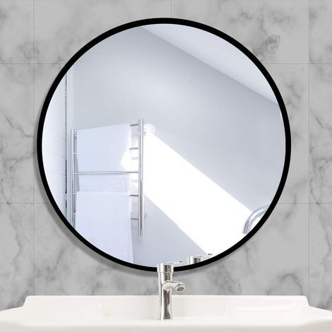 Miroir Rond en Verre 40x40cm HD Miroir Mural avec Cadre Métal Carré pour Vanité, Salle de Bain,Salon Chambre (Noir) … (1/5)