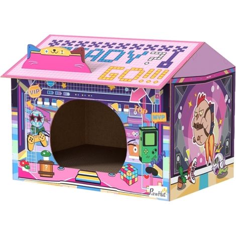 2 in 1 Pink Cardboard Cat House with Scratching Board and Catnip for Indoor Cats - Perfect Gaming Style Retreat (1/5)