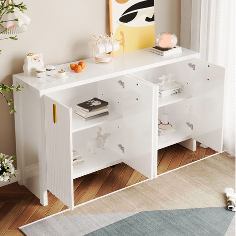 Aparador 140x38x80 cm blanco en tablero de partículas con estantes ajustables y tiradores dorados (1/5)