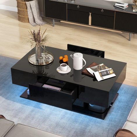 Table basse noire avec éclairage LED multicolore, finition brillante, 2 tiroirs et étagère ouverte pour salon et séjour (1/5)