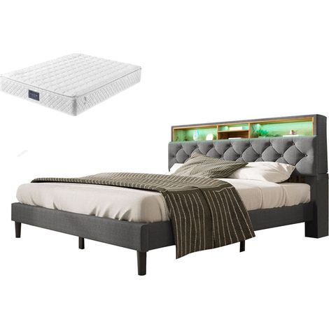 Lit double gris 140x200 cm, tête de lit de rangement avec éclairage LED, sommier à lattes (avec matelas) (1/5)