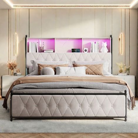 Beiges gepolstertes Bett aus Velours, Doppelbett 140x200 cm, Bett mit Stauraum, Kopfteil mit LED-Beleuchtung und Stauraum, 4 Schubladen