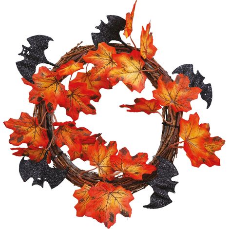 Halloween-Türkranz mit Fledermausmotiv und Blättern (1/2)