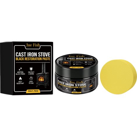 JUEFISH Crème d'entretien noire pour poêles en fonte - Nettoyage et polissage, redonne de l'éclat, résistant à la chaleur, protecteur, format portable, 50 g x 1, éponge x 1