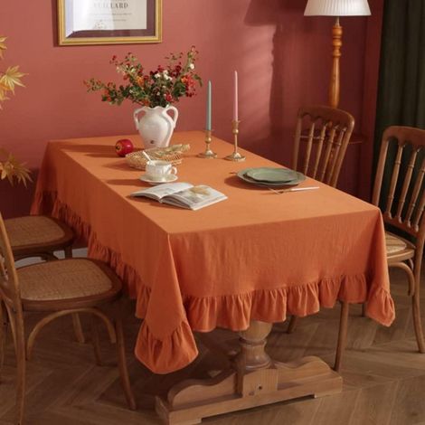 Nappe coton lin avec volants 120x120cm style campagnard brun-orange