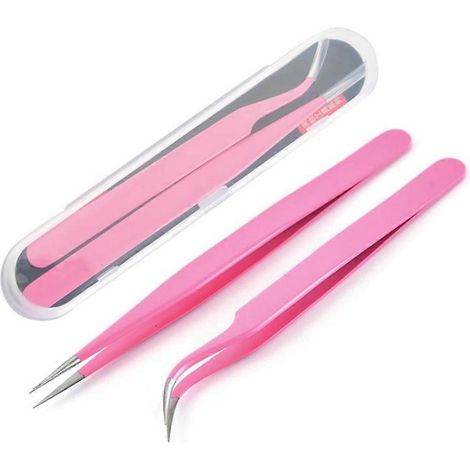 Wimpernpinzette, 2er-Pack, für gerade und gebogene Wimpern, Werkzeug, Rosa