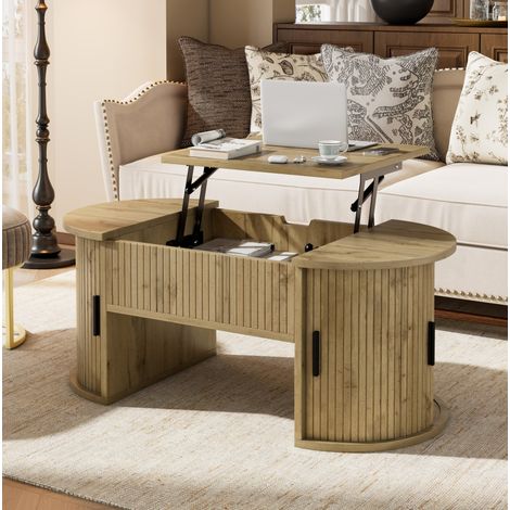 Table basse relevable 100x50x40,5 cm en MDF couleur chêne, avec rangement pour salon - FLORAGRACE (1/5)