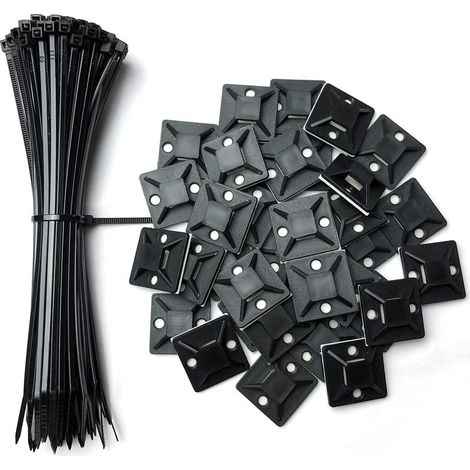Lot de 100 supports adhésifs pour serre-câbles, 25 mm x 25 mm, noirs, auto-adhésifs, supports en plastique pour serre-câbles, 100 serre-câbles gratuits de 150 mm (1/4)