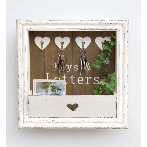 Organisateur mural DanDiBo Tableau à clés vintage en bois avec étagère 93857 Blanc 40 cm Tableau à clés Porte-papier Boîte à clés Shabby Chic Memoboard (1/5)