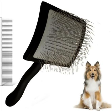 Spazzola a setole metalliche per cani con manico in legno, spazzola professionale per rimuovere facilmente sottopelo, nodi e grovigli, spazzola extra lunga per barboncini, orsacchiotti e cockapoo. (1/5)
