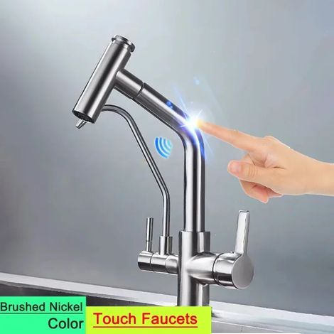 (9144-touch-brushed-G1/2) Nouveau robinet de cuisine tactile avec filtre, mitigeur thermostatique eau chaude/froide à douchette extractible et capteur d'eau pure. (1/5)