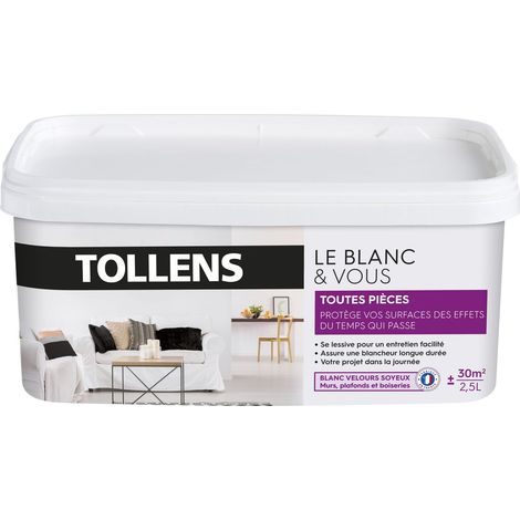 Tollens – Peinture velours blanche lessivable 2,5L – Pour murs et plafonds – Forte opacité – Séchage rapide en 1H – Rendement 30m²