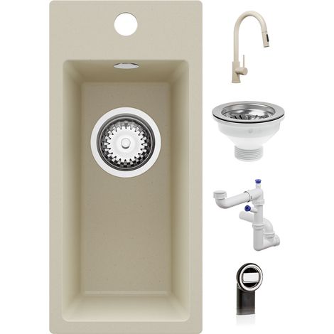 PRIMAGRAN Evier Cuisine en Granit 23x50cm,Lavabo 1 Bac + Robinet 40x20cm + Kit de Vidage, Évier à Encastrer au Meuble 25cm - Riga, Beige (1/5)