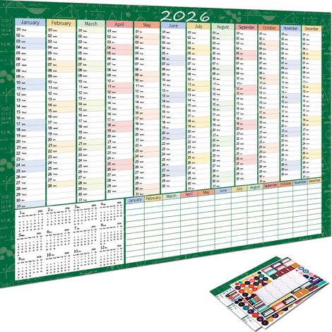Calendrier mural 2026 – 74x53cm, 365 jours, autocollants, vierge, bureau/maison, vert 3 (1/5)