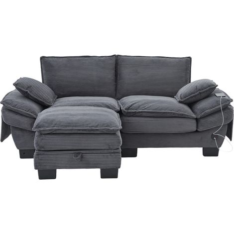 Canapé 2 places modulable en velours côtelé gris foncé avec hocker, assise large ergonomique, USB-C et poches latérales pour salon, bureau ou lounge  CHICFURN (1/5)