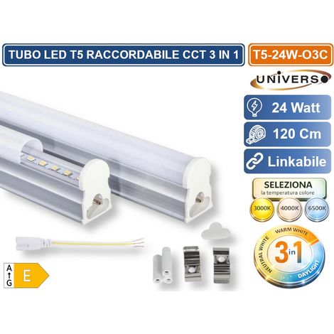 UNIVERSO T5-24W-O3C TUBO NEON LED SMD PLAFONIERA T5 RACCORDABILE 120CM 24W 2640LM CON SWITCH CCT PER SELEZIONE LUCE 3000K-4000K-6500K