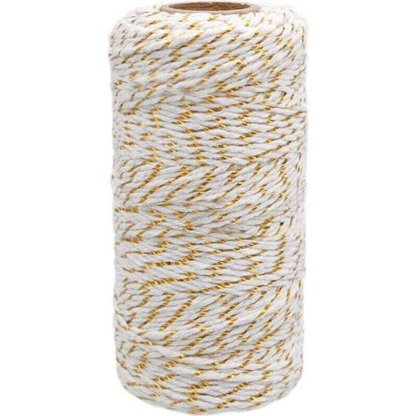 Ficelle de Coton Noël, Baker's Twine Corde Blanc avec fil doré, 2mm100M, pour l'emballage cadeau, Décoration, Loisirs Créatifs, Ensoleillé (1/5)