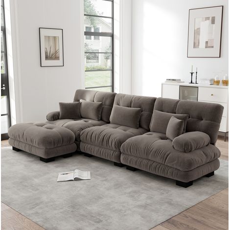 Divano angolare modulare in chenille marrone con pouf mobili coordinati (1/5)