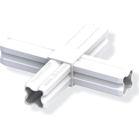 Connecteur en croix blanc 23.5mm – 4 embouts pour tube PVC/alu – Assemblage structures modulables – Matériau plastique PA – Alfer (1/2)