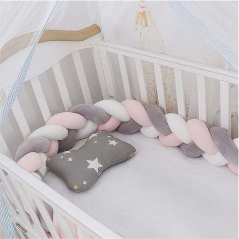 Tour de lit bébé 150 cm – Velours doux – Couleurs blanc, gris, rose – Pare-chocs anti-collision pour lit de bébé