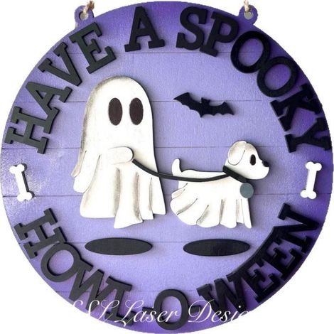 Plaque de porte « Nouveau chien fantôme promenant » - Plaque de porte d'Halloween - Design plat
