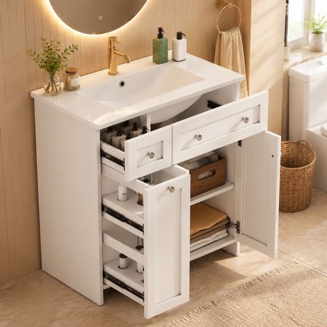 Mobile lavabo autoportante 76x47x86 cm con 3 cassetti e vano contenitore, in ceramica e MDF laccato bianco (1/5)