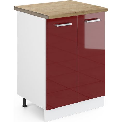Mueble bajo de cocina R-Line, Rojo Burdeos alto brillo, 60 cm , ET Roble, Vicco