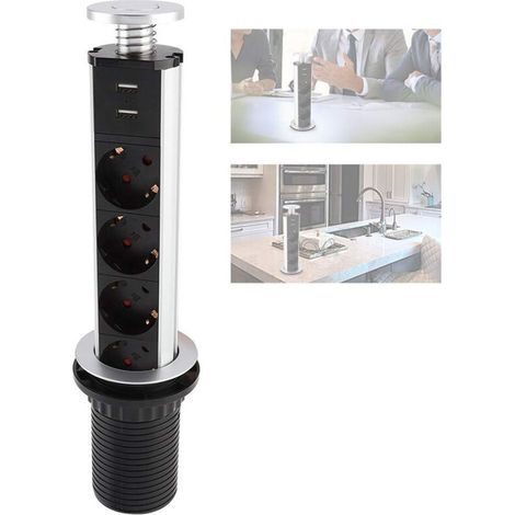 Multiprise, Rétractable et multifonctionnelle, Design escamotable, 3 prises + 2 ports USB, idéale pour les plans de travail de bureau et cuisine, (1/5)