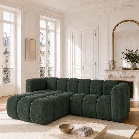 RINIA - Canapé d’angle gauche en velours côtelé - 4 places - 228 cm - Vert (1/3)