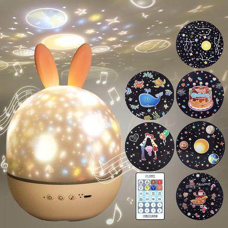Nachttischlampe für Kinder, drehbarer Sternenprojektor mit Fernbedienung, 6 Scheiben, USB-aufladbar, beruhigende Musik, Nachtlicht fürs Babyzimmer, Geburtstags- oder Weihnachtsgeschenk für Jungen oder (1/5)
