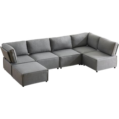 Divano angolare modulare in lino grigio chiaro HOMVRA, 6 moduli, 308 x 152 x 77 cm (1/4)