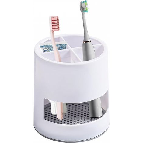 BEBUSINGOTO Portacepillos de dientes blanco con drenaje, recipiente para cepillos de dientes con drenaje para baño, soporte de pasta de dientes ventilado de plástico (1/5)
