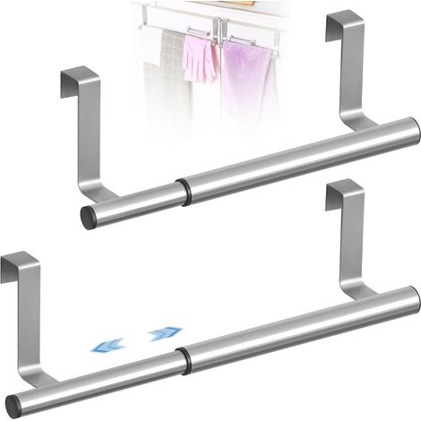 Toallero extensible de acero inoxidable de 2 piezas con tira antirayaduras, soporte telescópico para colgar toallas de cocina, barras plateadas, sin necesidad de taladrar, para armarios y baño (25-40 (1/5)