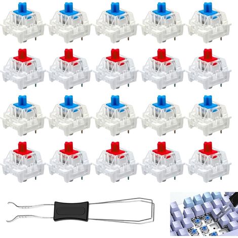 20 Pièces Commutateurs Mécaniques de Clavier avec Extracteur de Touches, Bleu(Clicky)/Rouge(Linears) Transparent 3 Broches Interrupteur, pour Cherry MX Gateron Remplacement Bricolage (10 de Chaque)